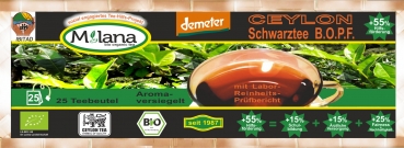 25 MILANA Ceylon DEMETER Organic BLACK TEA BAGS BOPF Broken Orange Pekoe Fannings packed into handwoven baskets with 55 percent benefits support . The tea, ... that tastes like love. Fairly and sustainably manufactured.